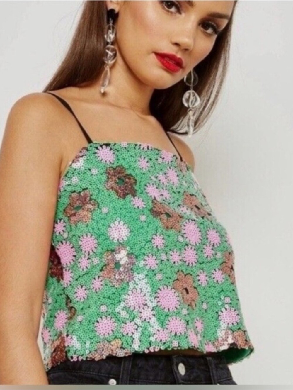 Topshop Green Sequin Cami with Pink and Brown Floral Accents